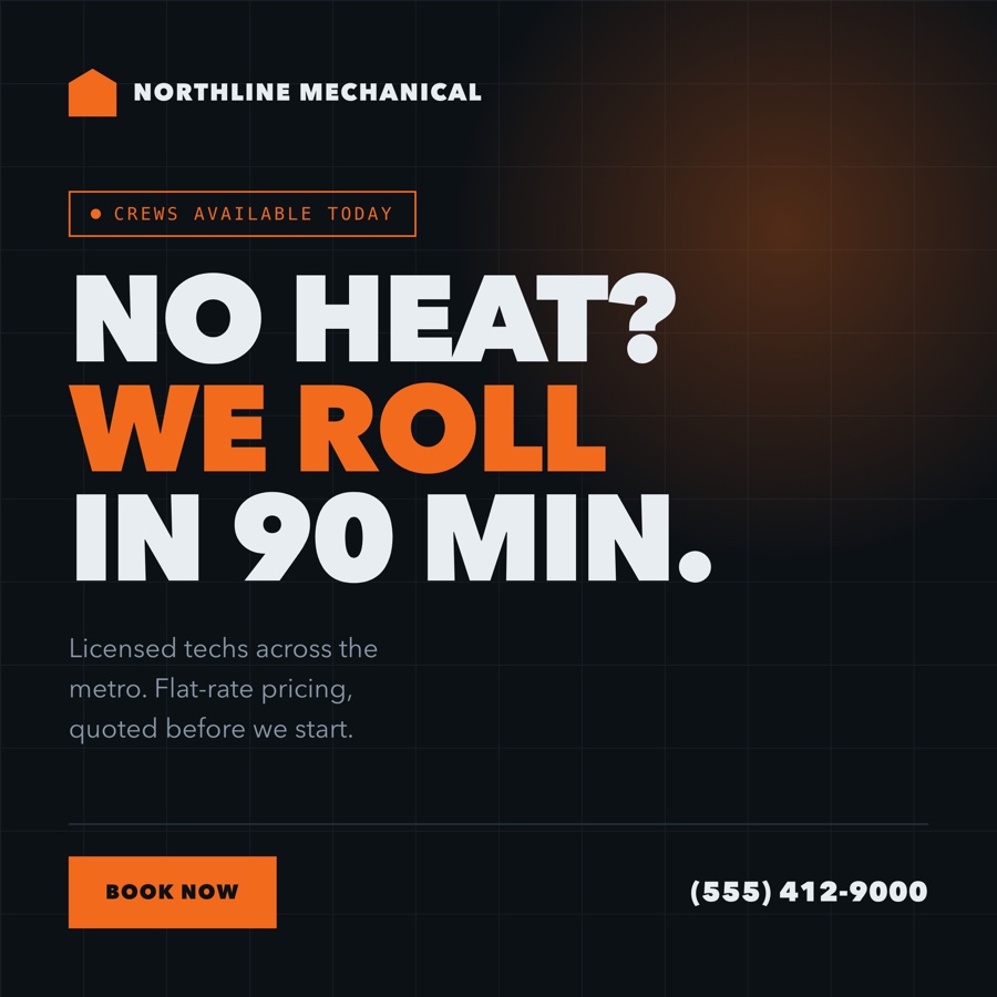 A paid social post for Northline Mechanical reading “No heat? We roll in 90 min.”