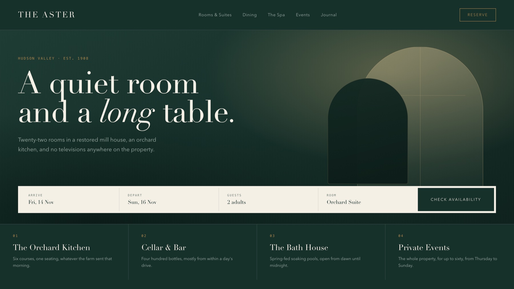 Homepage design for The Aster, a boutique hotel — a concept build by Summit Marketing Co