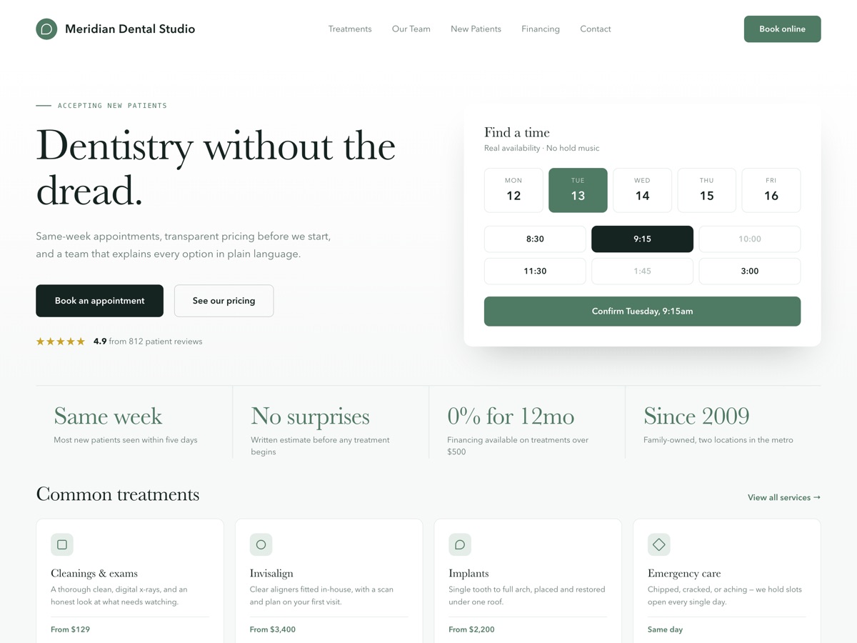 Homepage design for Meridian Dental Studio, a professional services business